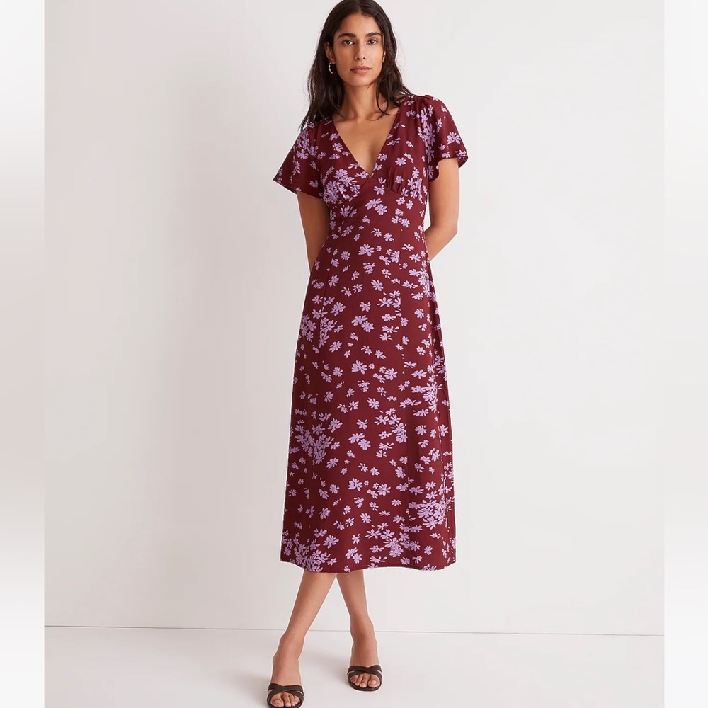 Madewell Burgundy Floral Midi Dress with Lavender Print